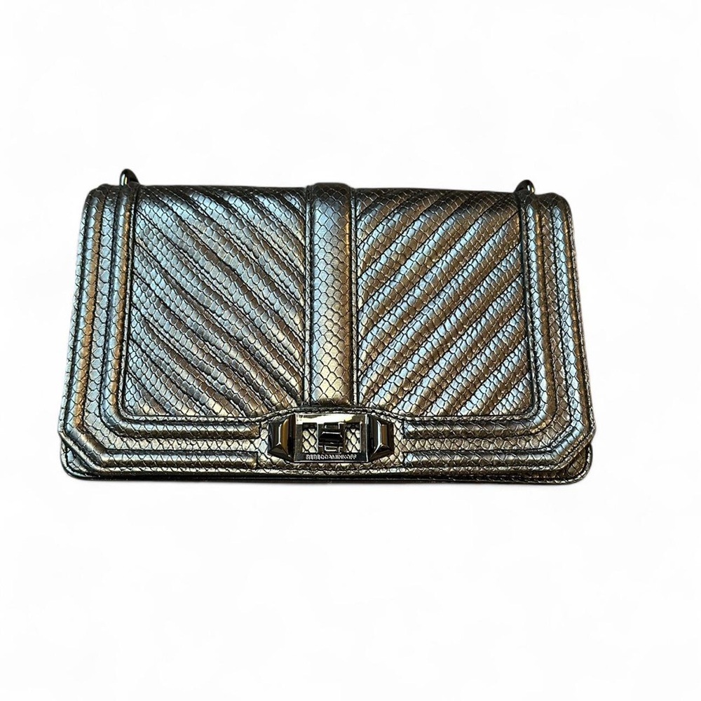 Rebecca Minkoff Chevron Quilted Love Leather Metallic Silver Crossbody Bag
